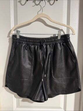 Black Faux Leather Athletic Shorts with Drawstring
